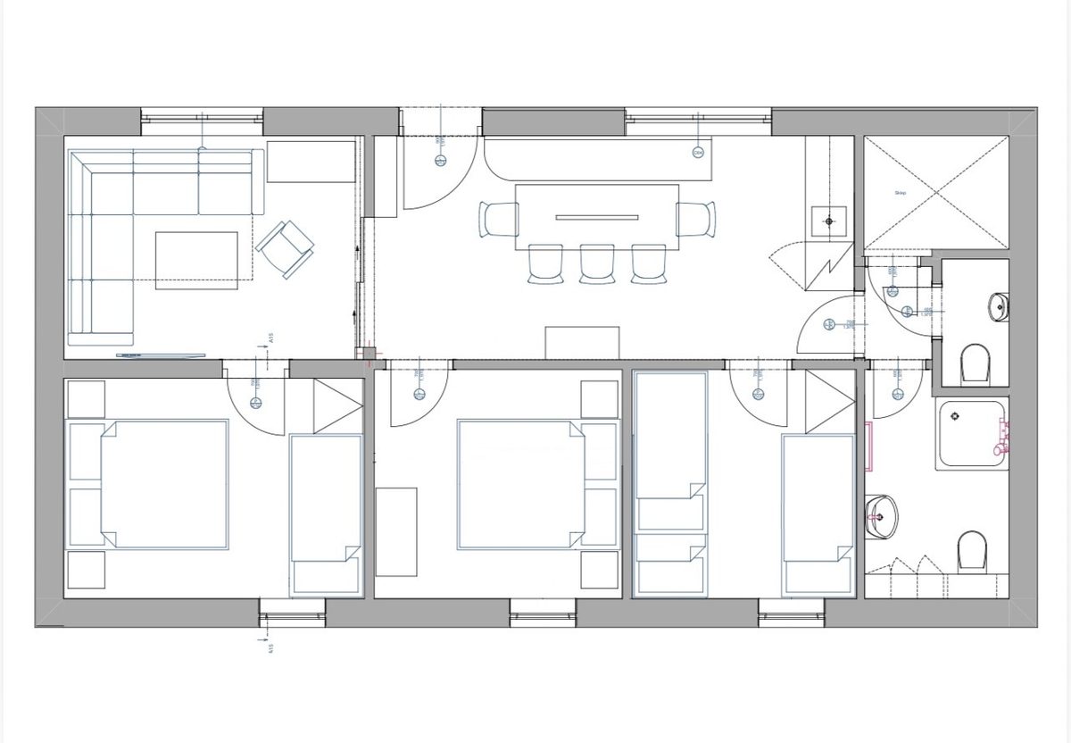 U Krčků apartment floor plan — capacity 8+2 people, 4 bedrooms, 2 bathrooms